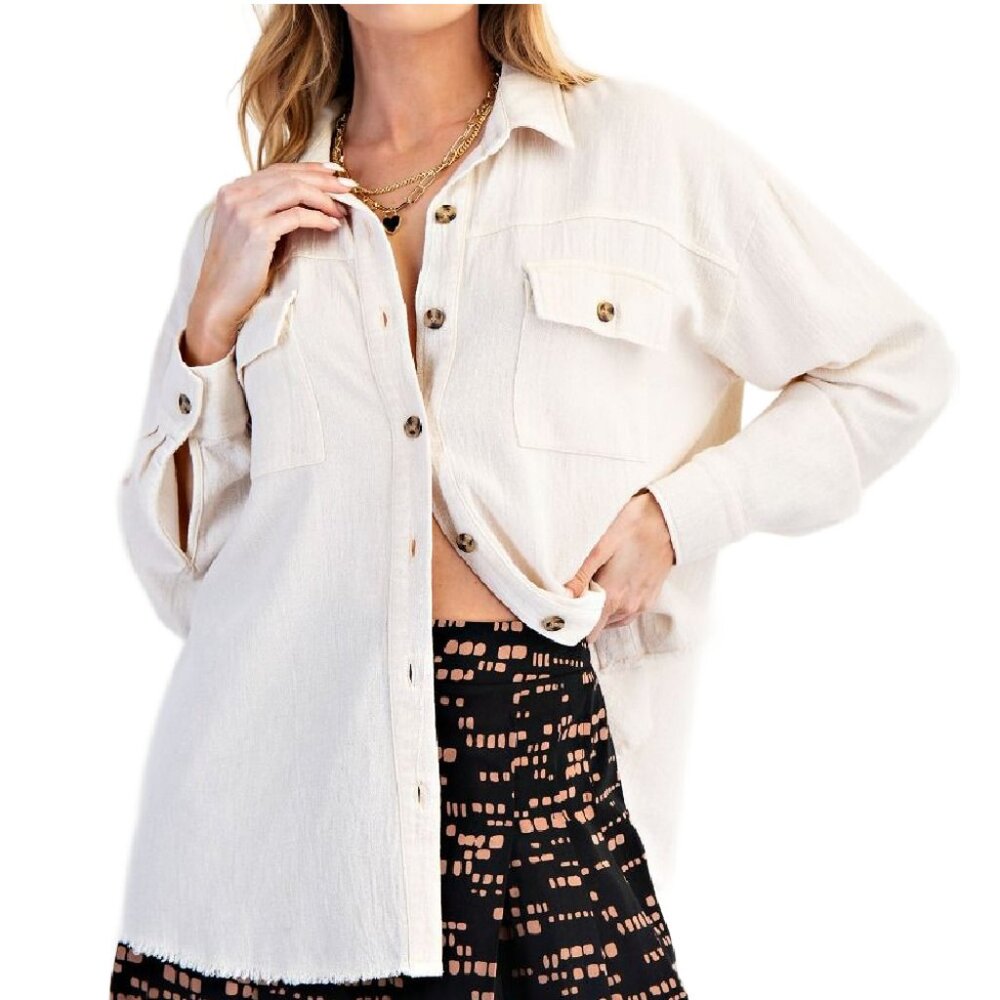 NWT- Women's Easel Mineral Washed Frayed Hem Button Down, Oatmeal